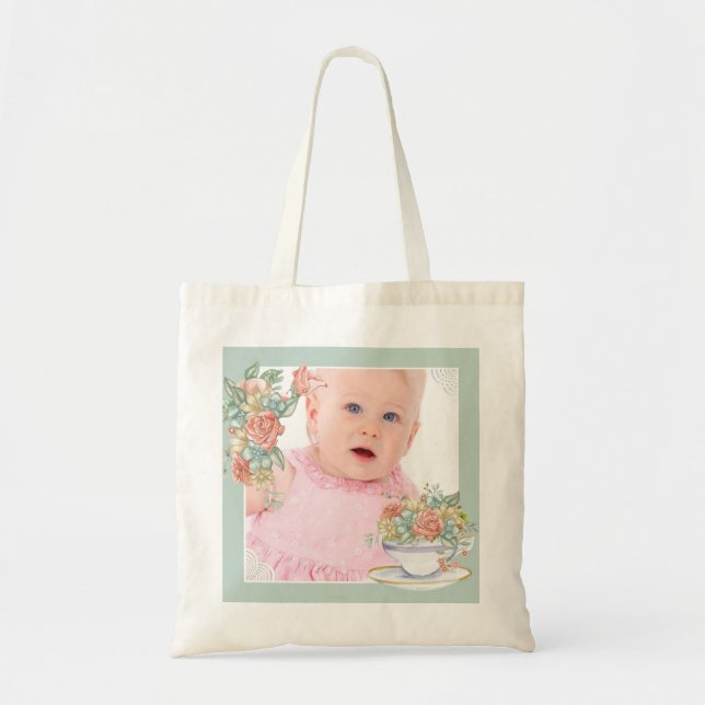 Watercolor Floral Teacup Custom Photo Tote Bag (Front)