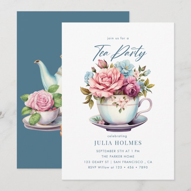 Watercolor Floral Teacup Tea Party Invitation (Front/Back)