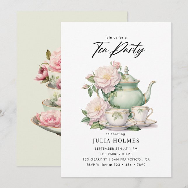 Watercolor Floral Teacup Tea Party Invitation (Front/Back)
