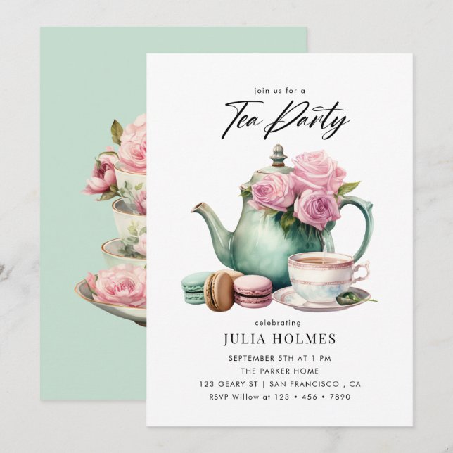 Watercolor Floral Teacup Tea Party Invitation (Front/Back)