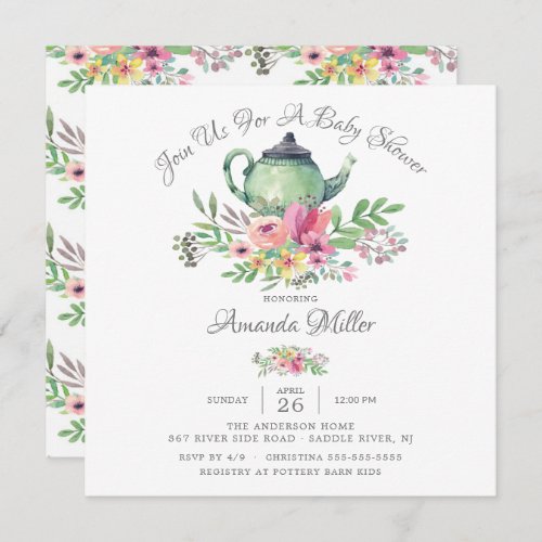 Watercolor Floral Teapot Baby Shower  Invitation