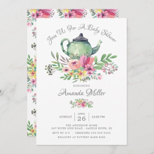 Watercolor Floral Teapot Baby Shower  Invitation