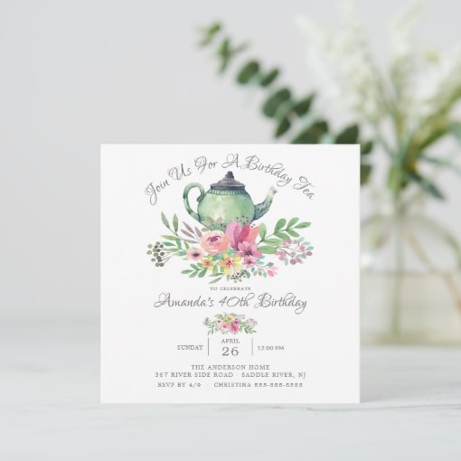 Watercolor Floral Teapot Birthday Party Invitation | Zazzle