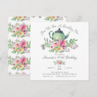 Watercolor Floral Teapot Birthday Party Invitation