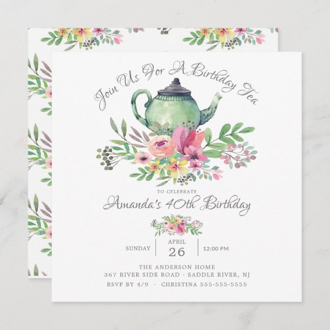 Watercolor Floral Teapot Birthday Party Invitation (Front/Back)