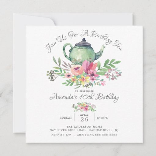 Watercolor Floral Teapot Birthday Party Invitation | Zazzle