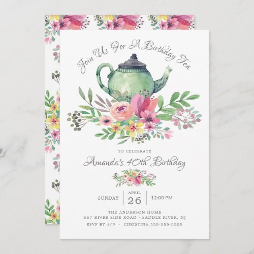 Watercolor Floral Teapot Birthday Party Invitation