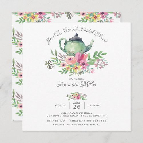 Watercolor Floral Teapot Bridal Shower  Invitation