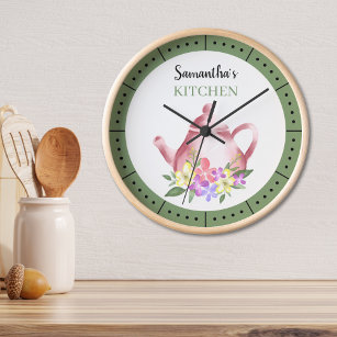 Watercolor Floral Teapot Custom Name Kitchen Round Clock