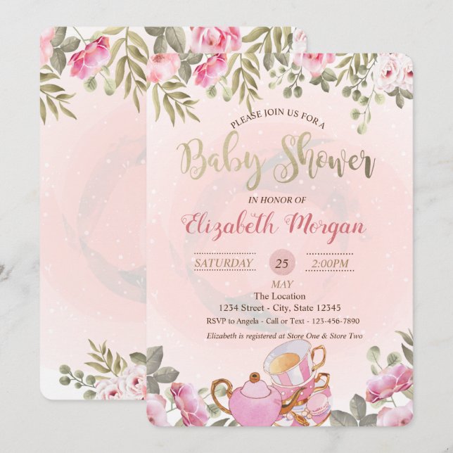 Watercolor Floral Teapot Macaron Baby Shower Invitation (Front/Back)