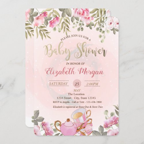 Watercolor Floral Teapot Macaron Baby Shower Invitation