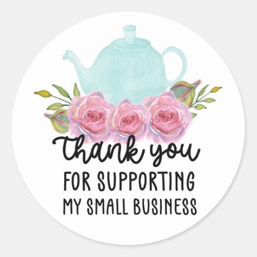 Watercolor Floral Teapot Thank You Small Business Classic Round Sticker