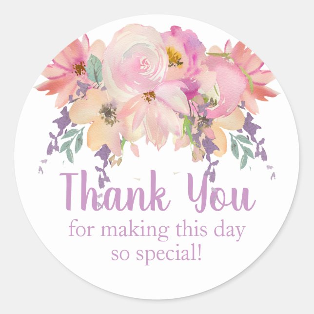 Watercolor Floral Thank You Birthday Favor Classic Round Sticker (Front)