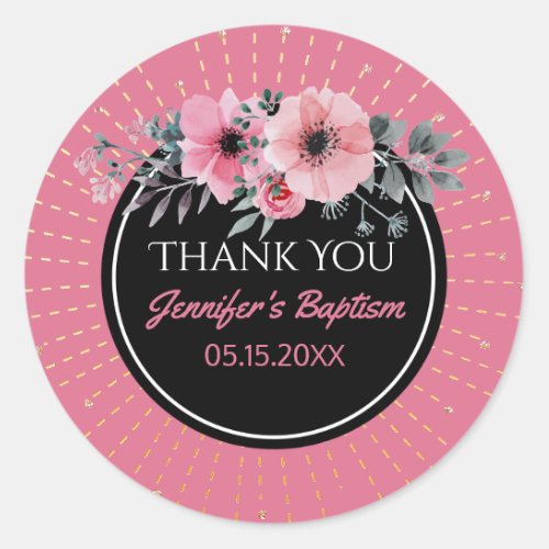 Watercolor Floral Thank You Favor  Girl Baptism Classic Round Sticker