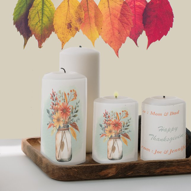 Watercolor Floral Thanksgiving Personalize Pillar Candle (Creator Uploaded)