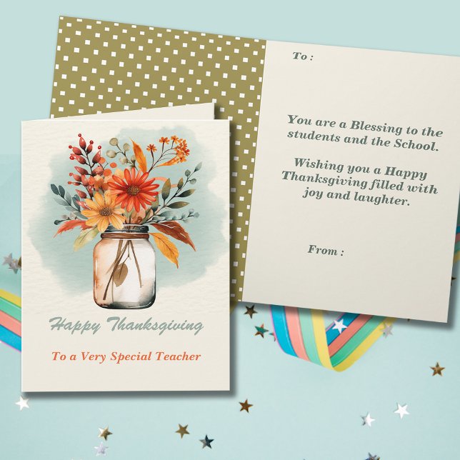 Watercolor Floral Thanksgiving Teacher Greeting Card (Creator Uploaded)