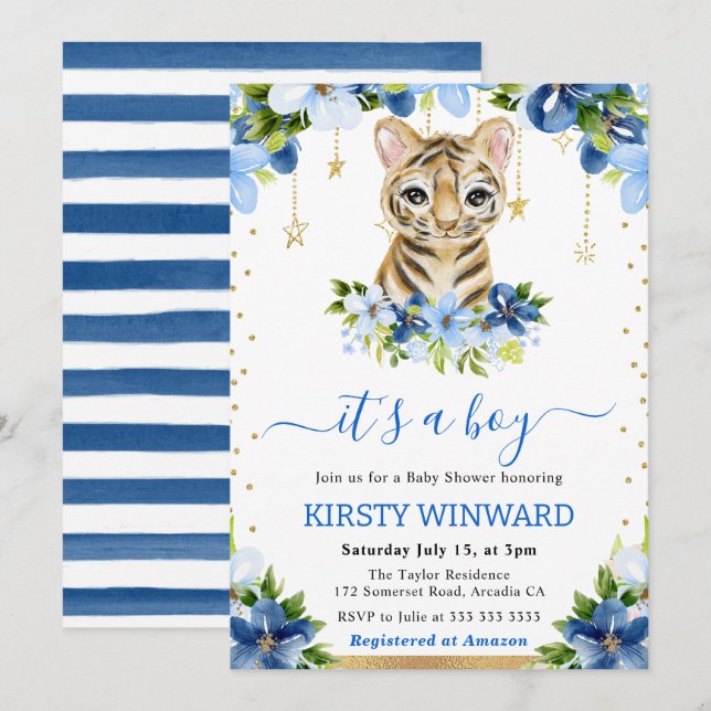 Watercolor Floral Tiger Cub Boy Baby Shower Invitation (Front/Back)
