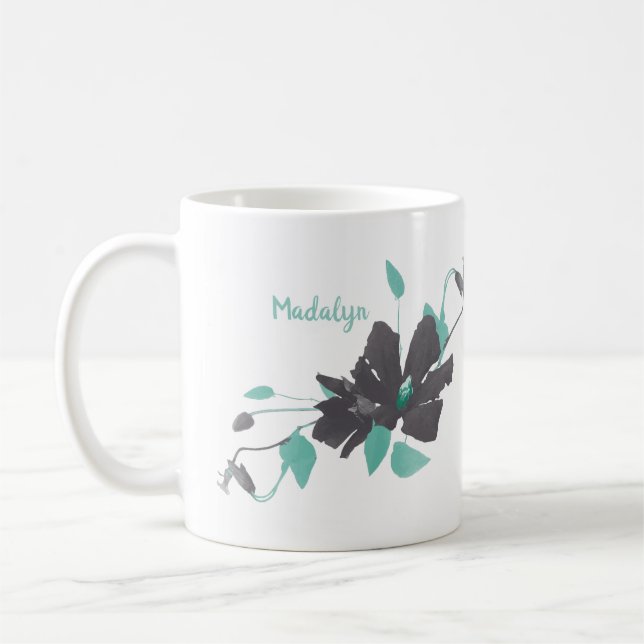 Watercolor Floral Trendy Teal Gray Name Coffee Mug (Left)