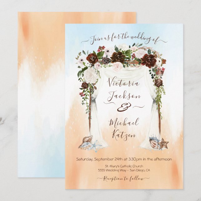Watercolor Floral Tropical Beach Canopy Wedding Invitation (Front/Back)