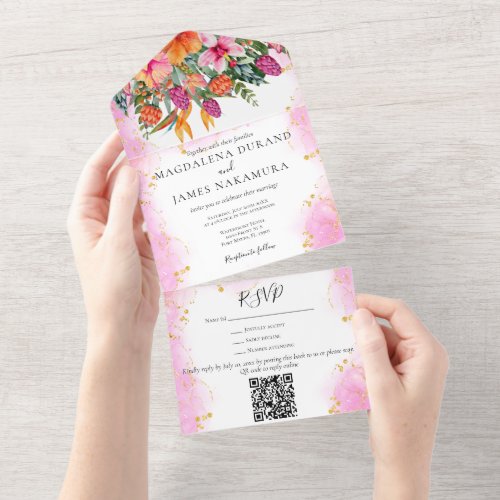 Watercolor Floral Tropical Bouquet Pink  Orange All In One Invitation
