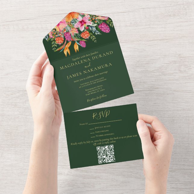 Watercolor Floral Tropical Green Pink & Orange All In One Invitation (Tearaway)