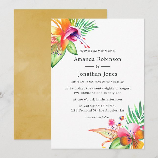 Watercolor Floral Tropical Summer Beach Wedding Invitation (Front/Back)