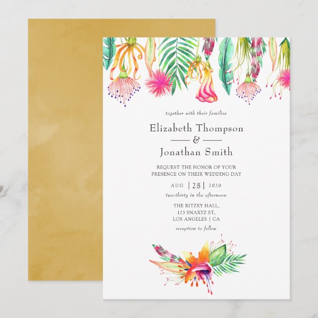Watercolor Floral Tropical Summer Beach Wedding Invitation (Front/Back)