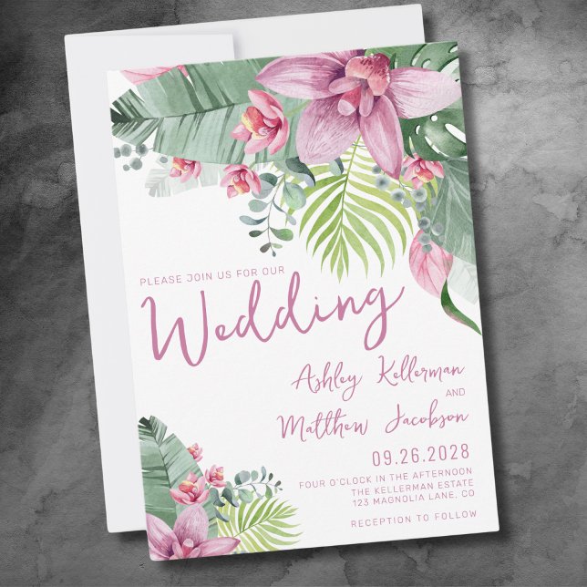 Watercolor Floral Tropical Wedding Invitation (Cute Elegant Palm Leaves Floral Tropical Wedding Invitation)