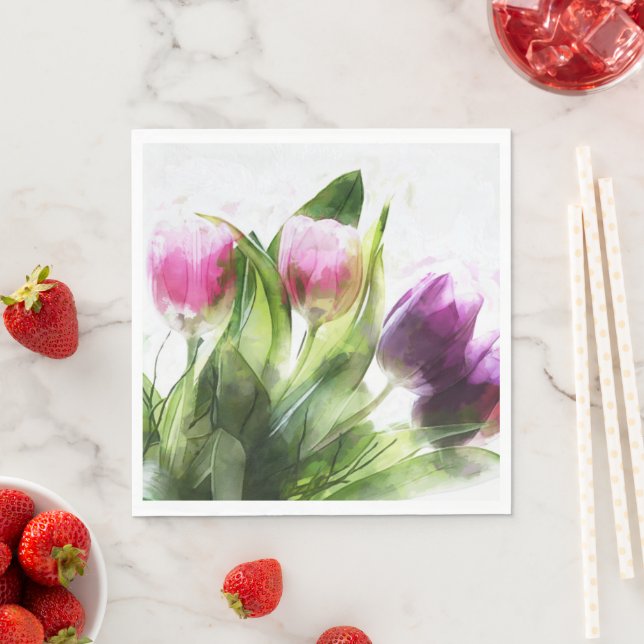 Watercolor Floral Tulip Flowers Paper Napkin (Insitu)