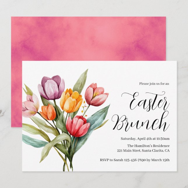 Watercolor Floral Tulips Easter Brunch Invitation (Front/Back)