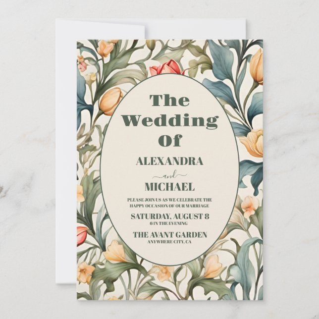 Watercolor Floral Tulips William Morris Wedding Invitation (Front)