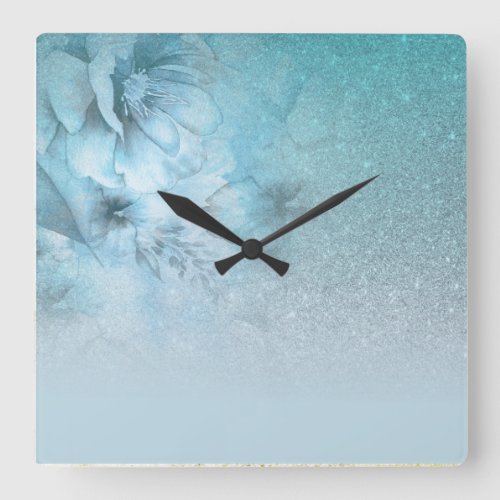  Watercolor Floral Turquoise Glitter Celestial Square Wall Clock