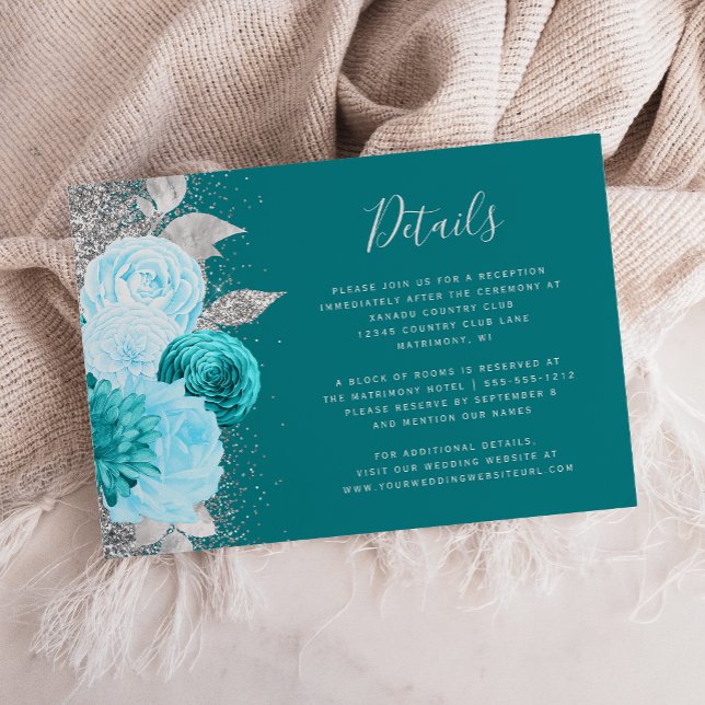 Watercolor Floral Turquoise Silver Wedding Details Enclosure Card (Creator Uploaded)