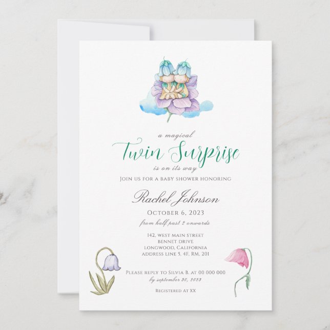 Watercolor Floral Twins Baby Shower Invitation (Front)