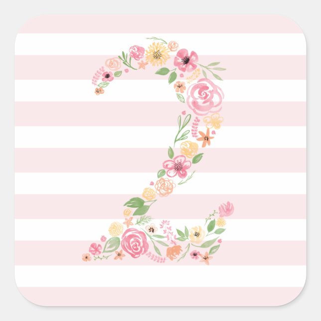 Watercolor Floral Two 2nd Birthday Square Sticker (Front)