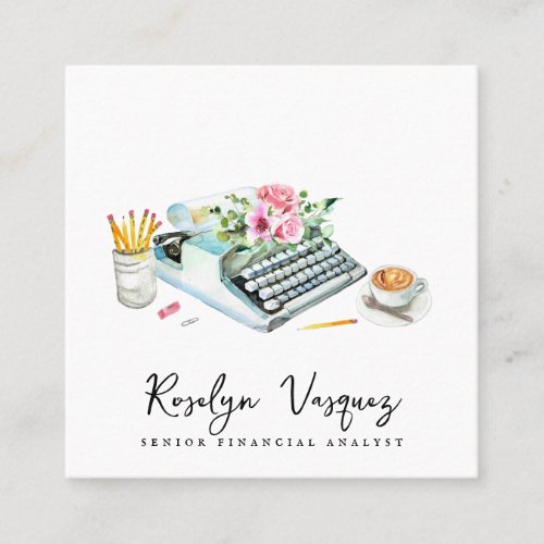 Watercolor Floral Typewriter  Accountant Square Business Card