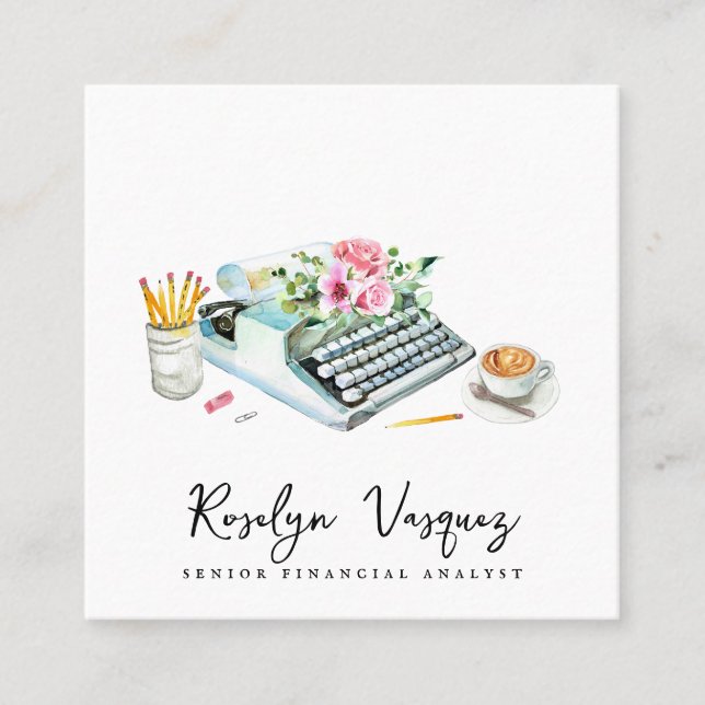 Watercolor Floral Typewriter | Accountant Square Business Card (Front)