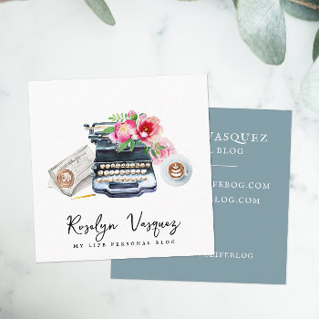 Watercolor Floral Typewriter | Blogger Author Square Business Card by IYHTVDesigns at Zazzle