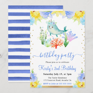 Watercolor Floral Underwater Narwhal Birthday Invitation