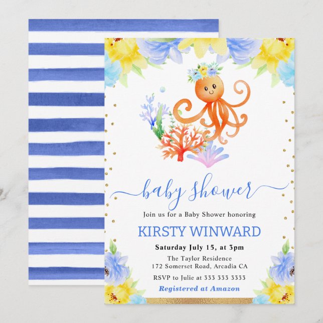Watercolor Floral Underwater Octopus Baby Shower Invitation (Front/Back)