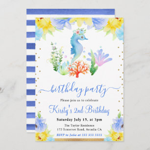 Watercolor Floral Underwater Seahorse Birthday Invitation