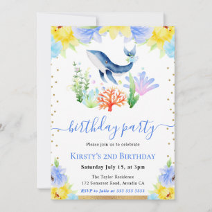 Watercolor Floral Underwater Whale Birthday Party Invitation