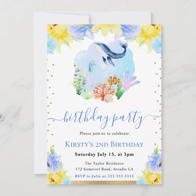 Watercolor Floral Underwater Whale Birthday Party Invitation (Front)