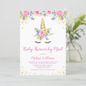 Watercolor Floral Unicorn Baby Shower by Mail Invitation (Standing Front)