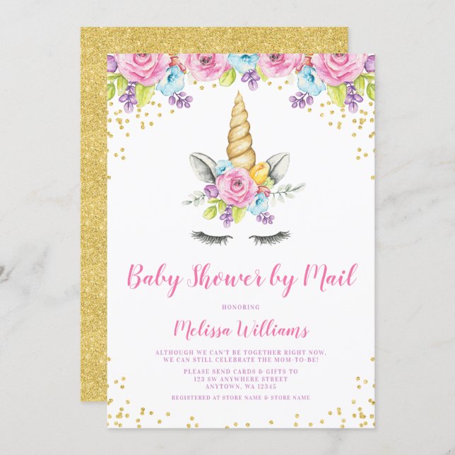 Watercolor Floral Unicorn Baby Shower by Mail Invitation (Front/Back)
