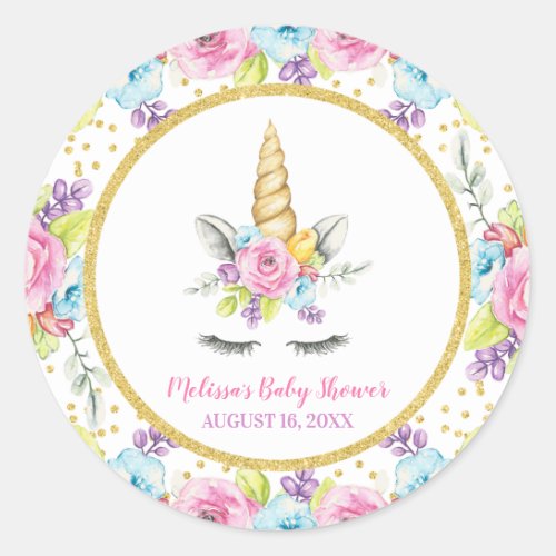 Watercolor Floral Unicorn Baby Shower Classic Round Sticker