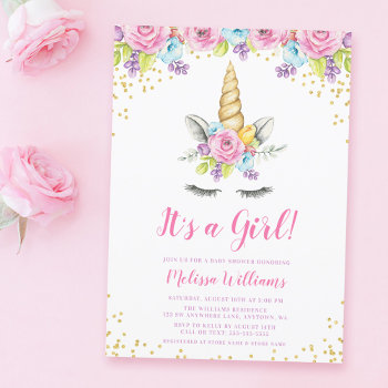 Watercolor Floral Unicorn Baby Shower Invitations by printcreekstudio at Zazzle