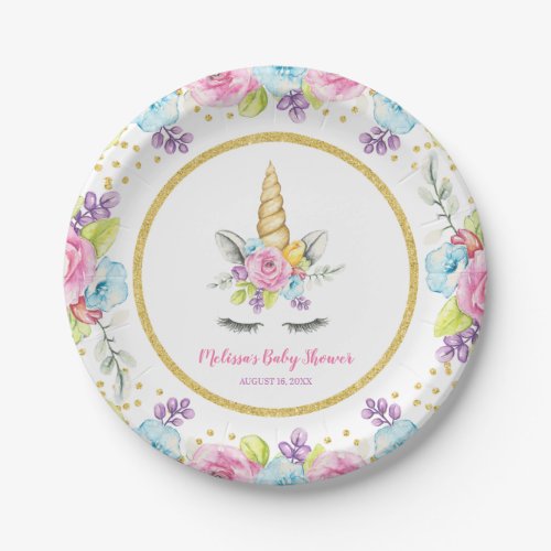 Watercolor Floral Unicorn Baby Shower Paper Plates