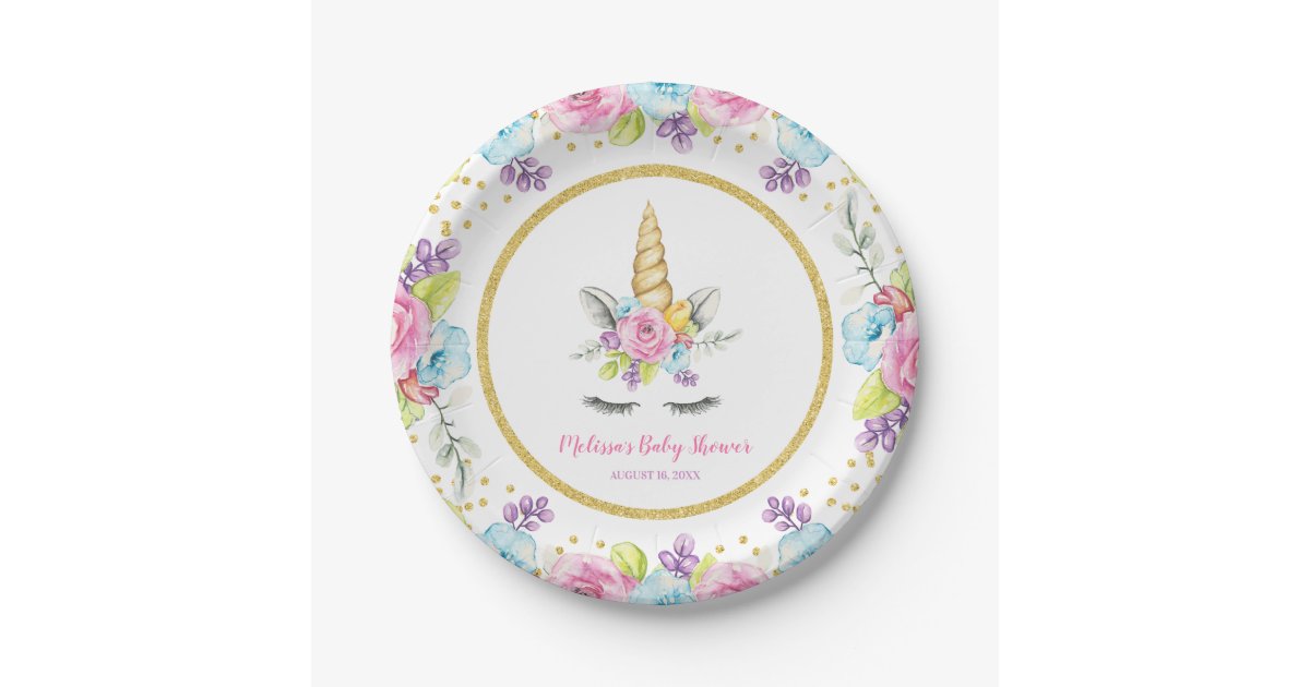 Watercolor Floral Unicorn Baby Shower Paper Plates | Zazzle