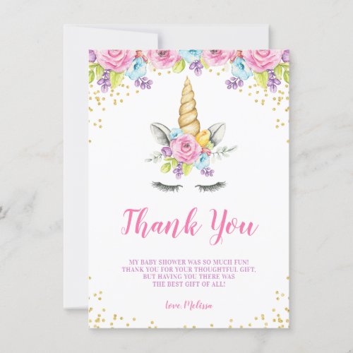 Watercolor Floral Unicorn Baby Shower Thank You Card